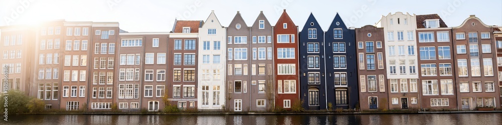 Fototapeta premium A row of tall buildings with a blue building in the middle. The buildings are all different colors and the blue one is the tallest. The buildings are lined up next to a body of water