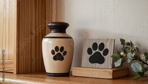 Pet ashes urn with paw print on shelf, honoring a beloved pet in a warm memorial setting