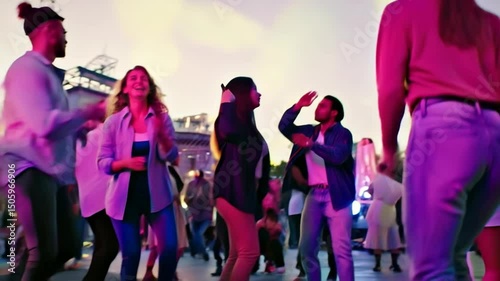 Vibrant nightlife: diverse crowd captures social moments in urban setting