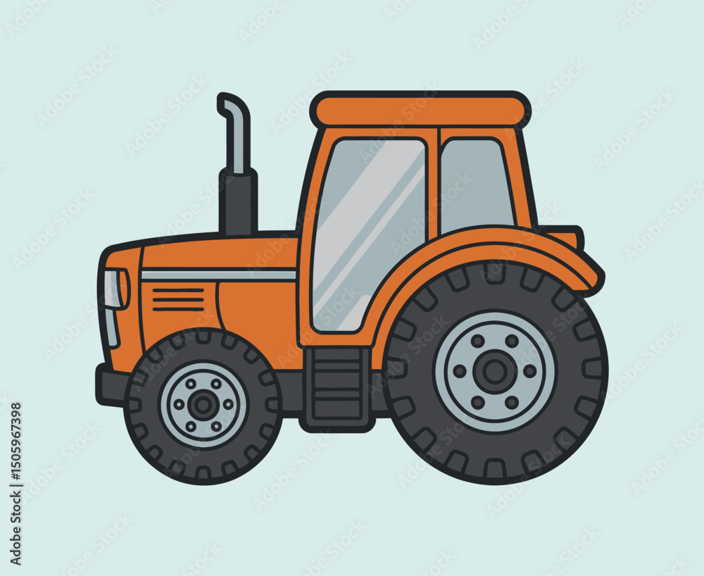 Obraz premium Cartoon Illustration of an Orange Farm Tractor on a Light Blue Background Perfect for Children s Books and Educational Materials Simple and Clean Style Isolated