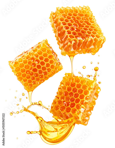honeycomb with a splash of honey on a transparent
