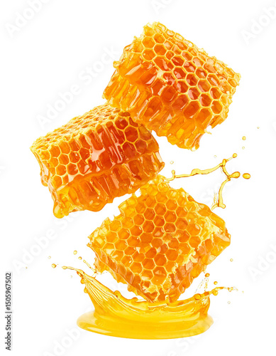 honeycomb with a splash of honey on a transparent
