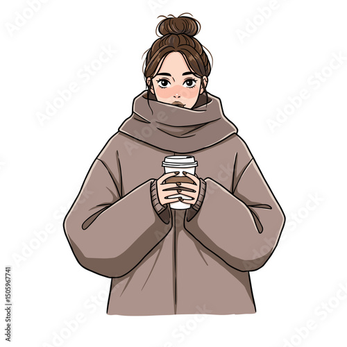 Cozy young woman holding coffee cup while wearing oversized sweater  