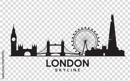 London Skyline Silhouette – Iconic Cityscape Vector with Famous Landmarks on Transparent Background