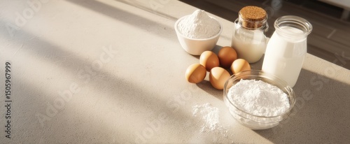 The fresh ingredients arranged beautifully on a kitchen countertop for baking. photo