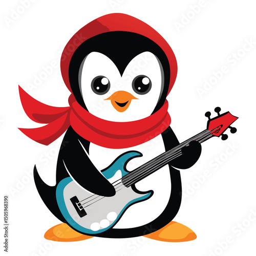 Cute cartoon penguin playing electric guitar adorned in a red scarf and hood