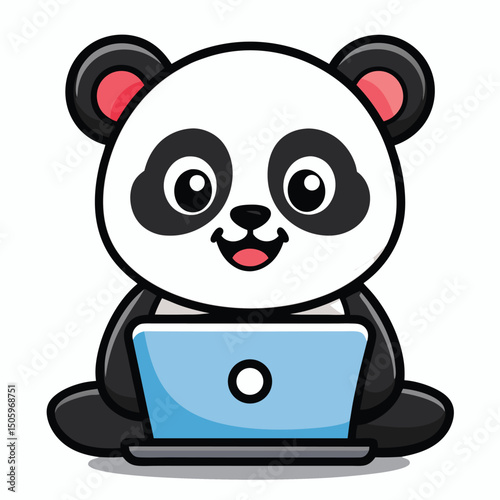 Cute panda cartoon sitting and working on a laptop with smiling face