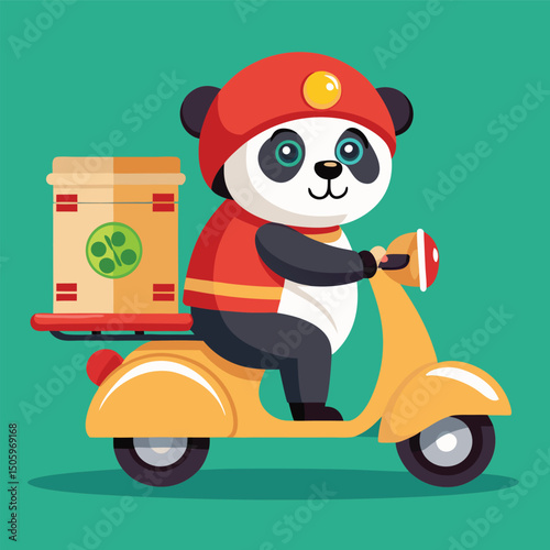 Cute panda delivery rider on scooter delivering food in a flat cartoon illustration