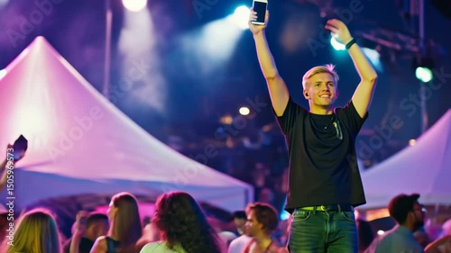 Energetic night festival with dancing crowd and vibrant lights enthuses celebratory moment