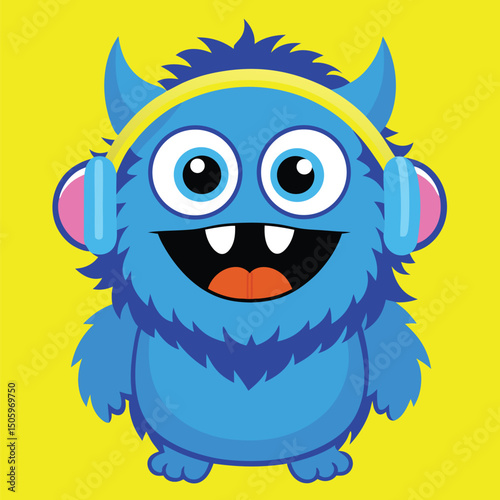 Happy blue monster cartoon character wearing headphones with big eyes smiling cheerfully