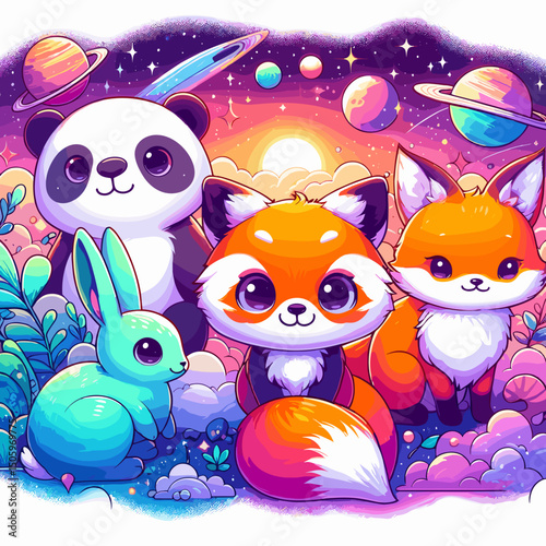 Cute cartoon animals including a panda, fox, bunny, and another fox in a colorful cosmic setting