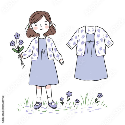 Young girl holding flowers in floral cardigan against grass background  