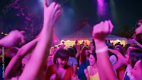 Energetic nighttime dance party with colorful crowd and vibrant lights