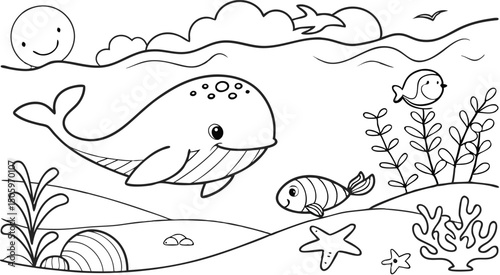 Ocean theme coloring page for kids. you can print it on standard paper. High resolution (300 DPI), ready to print on standard With No Bleed, Black and White Vector illustration AI, EPS, PNG, JPEG.