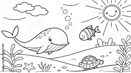 Ocean theme coloring page for kids. you can print it on standard paper. High resolution (300 DPI), ready to print on standard With No Bleed, Black and White Vector illustration AI, EPS, PNG, JPEG.