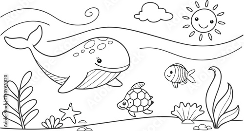 Ocean theme coloring page for kids. you can print it on standard paper. High resolution (300 DPI), ready to print on standard With No Bleed, Black and White Vector illustration AI, EPS, PNG, JPEG.