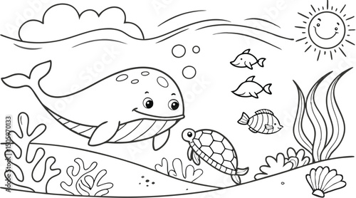 Ocean theme coloring page for kids. you can print it on standard paper. High resolution (300 DPI), ready to print on standard With No Bleed, Black and White Vector illustration AI, EPS, PNG, JPEG.