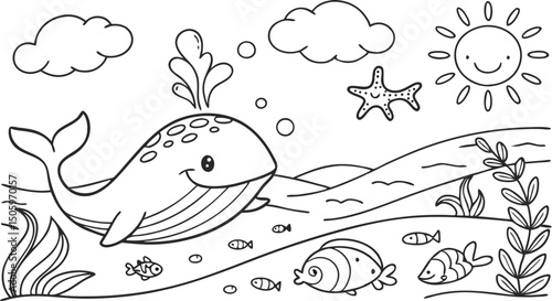 Ocean theme coloring page for kids. you can print it on standard paper. High resolution (300 DPI), ready to print on standard With No Bleed, Black and White Vector illustration AI, EPS, PNG, JPEG.