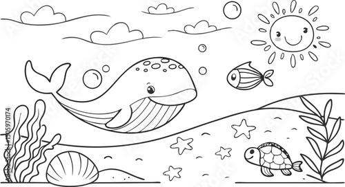 Ocean theme coloring page for kids. you can print it on standard paper. High resolution (300 DPI), ready to print on standard With No Bleed, Black and White Vector illustration AI, EPS, PNG, JPEG.