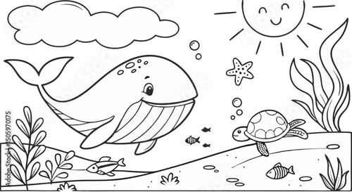 Ocean theme coloring page for kids. you can print it on standard paper. High resolution (300 DPI), ready to print on standard With No Bleed, Black and White Vector illustration AI, EPS, PNG, JPEG.