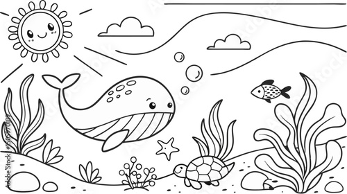 Ocean theme coloring page for kids. you can print it on standard paper. High resolution (300 DPI), ready to print on standard With No Bleed, Black and White Vector illustration AI, EPS, PNG, JPEG.