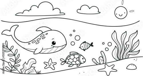 Ocean theme coloring page for kids. you can print it on standard paper. High resolution (300 DPI), ready to print on standard With No Bleed, Black and White Vector illustration AI, EPS, PNG, JPEG.