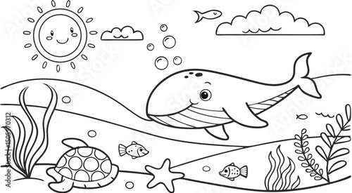 Ocean theme coloring page for kids. you can print it on standard paper. High resolution (300 DPI), ready to print on standard With No Bleed, Black and White Vector illustration AI, EPS, PNG, JPEG.