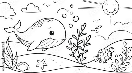 Ocean theme coloring page for kids. you can print it on standard paper. High resolution (300 DPI), ready to print on standard With No Bleed, Black and White Vector illustration AI, EPS, PNG, JPEG.