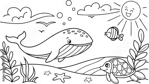 Ocean theme coloring page for kids. you can print it on standard paper. High resolution (300 DPI), ready to print on standard With No Bleed, Black and White Vector illustration AI, EPS, PNG, JPEG.