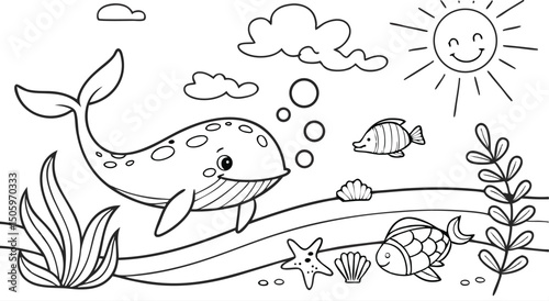 Ocean theme coloring page for kids. you can print it on standard paper. High resolution (300 DPI), ready to print on standard With No Bleed, Black and White Vector illustration AI, EPS, PNG, JPEG.