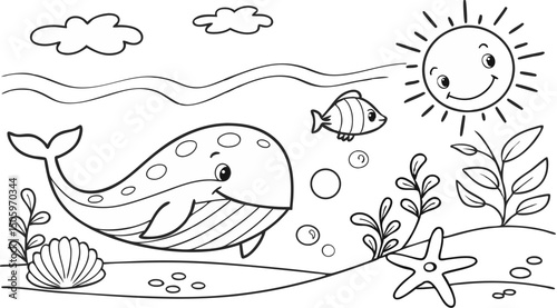 Ocean theme coloring page for kids. you can print it on standard paper. High resolution (300 DPI), ready to print on standard With No Bleed, Black and White Vector illustration AI, EPS, PNG, JPEG.