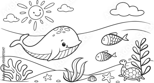 Ocean theme coloring page for kids. you can print it on standard paper. High resolution (300 DPI), ready to print on standard With No Bleed, Black and White Vector illustration AI, EPS, PNG, JPEG.
