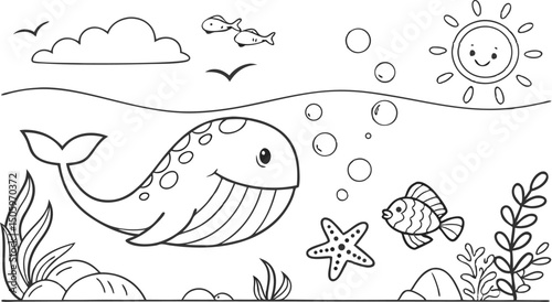 Ocean theme coloring page for kids. you can print it on standard paper. High resolution (300 DPI), ready to print on standard With No Bleed, Black and White Vector illustration AI, EPS, PNG, JPEG.