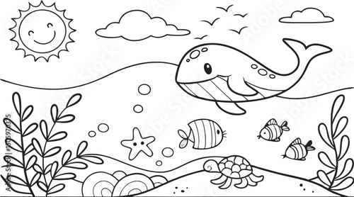 Ocean theme coloring page for kids. you can print it on standard paper. High resolution (300 DPI), ready to print on standard With No Bleed, Black and White Vector illustration AI, EPS, PNG, JPEG.