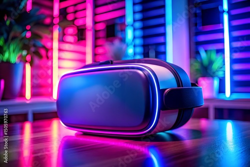 Virtual Reality Headset Neon Lit Desk