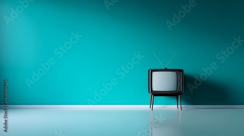 A vintage television sits against a bold teal wall. The sleek design adds charm to any space. Perfect for retro decor or minimalist settings. A stylish focal point in modern interiors. AI