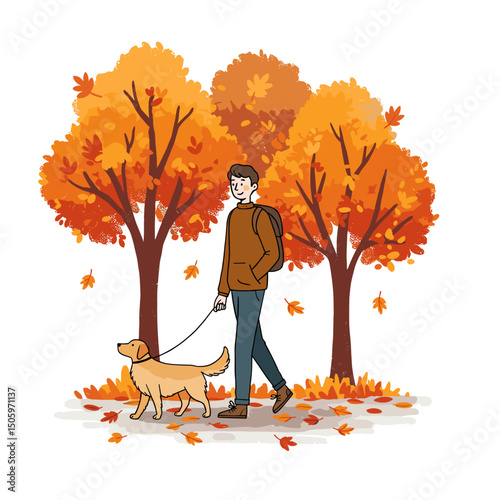 Young man walking cheerful dog through autumn park with trees  