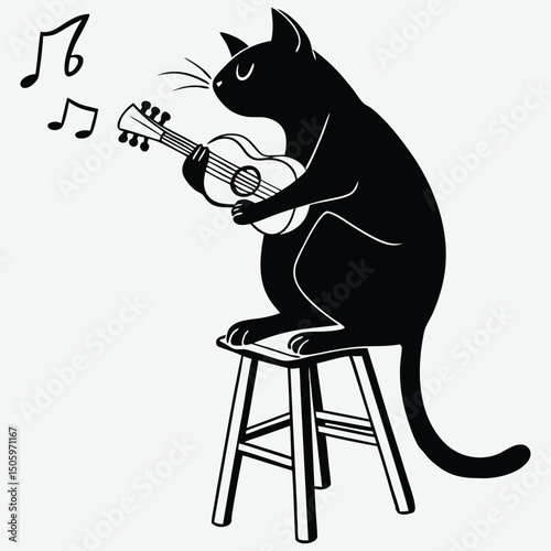 Cute black cat playing a tiny guitar while sitting on a stool  image silhouette design vector art and illustration	