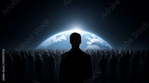 A silhouette of a person stands in front of a crowd beneath a bright, glowing earth. This striking image conveys themes of unity and contemplation. A perfect visual for personal growth. AI