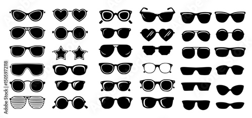 Sunglasses vector collection, modern vintage styles, fashionable eyewear silhouettes, black sunglasses illustration, white background, perfect for fashion designs, icons, graphics