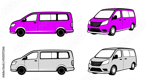 Minivan car, front view and side view, flat design, advertising or family-oriented marketing