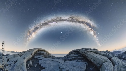 Milky Way Arching Over Rocky Landscape in Antarctica Night Panorama