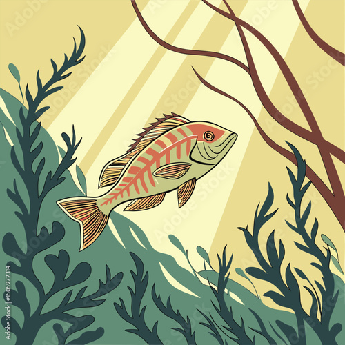 Wrasse Fish Swimming in a Vibrant Kelp Forest Vector Illustration Design