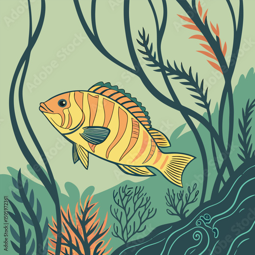 Wrasse Fish in Kelp Forest Vector Illustration with Underwater Scene