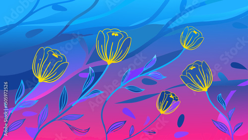 Colorful floral pattern with abstract plants on gradient background  