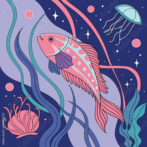 Surreal Vector Design of a Colorful Wrasse Fish with Abstract Elements