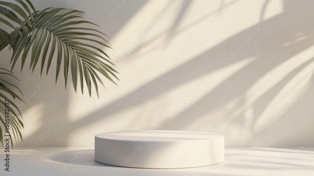 a white round table with a plant in the background a white round table with a plant in the background