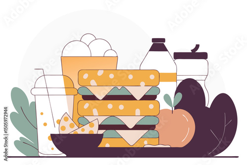 Freshly prepared sandwich and side dish meal with drinks for a delicious lunch