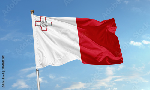 Schilderij op canvas Maltese national flag waving with George Cross emblem on bright sky background