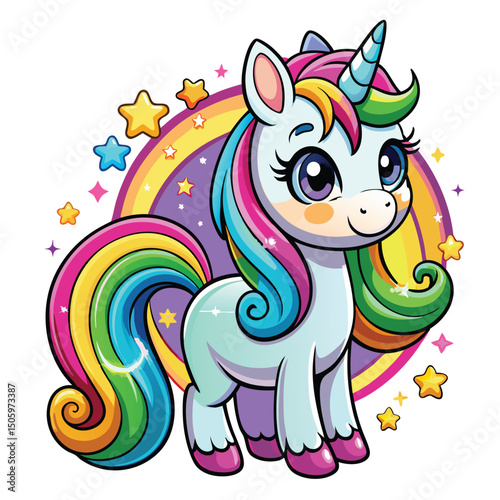 Adorable Rainbow Unicorn with Sparkling Mane and Magical Horn
